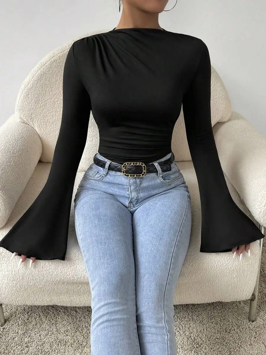 

Black Solid Long Sleeve Bell Sleeve Bodysuit for Women Fall Casual