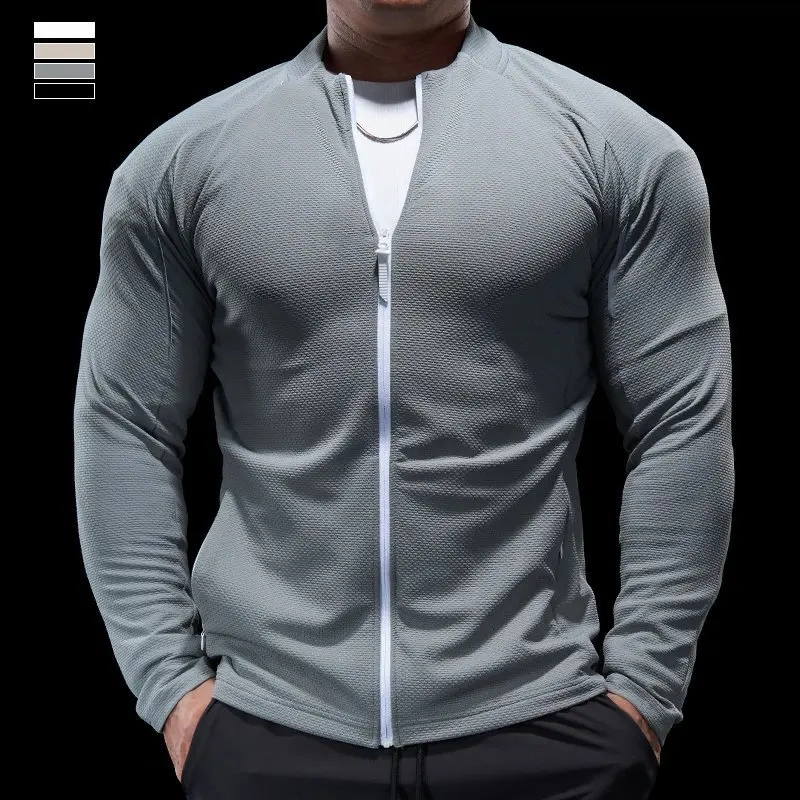 Men's Sports Jacket Quick Dry Long Sleeve Slim Fit Breathable Running Training Coat Autumn Winter Fitness Zip-up Stand Collar