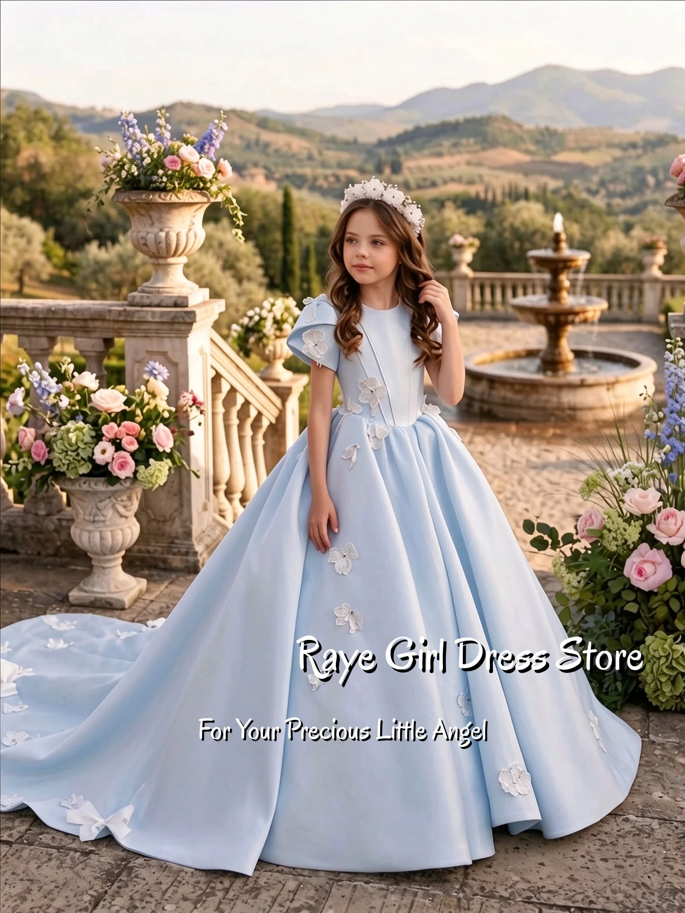 Light Blue Flower Girl Dress For Wedding Birthday Pageant A Line Floor Length Puffy Satin Short Sleeves 3D Floral Formal Gowns