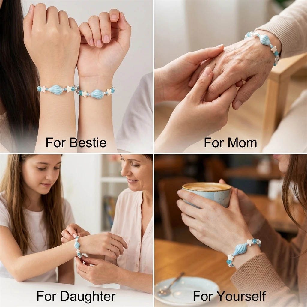 Sommerliches Armband im Ozean-Stil: Blaues Muschel-Perlenarmband für Damen mit Seestern-Anhänger, dehnbarer Armreif, Urlaubs-Strandschmuck, Ästhetik – Detail 9