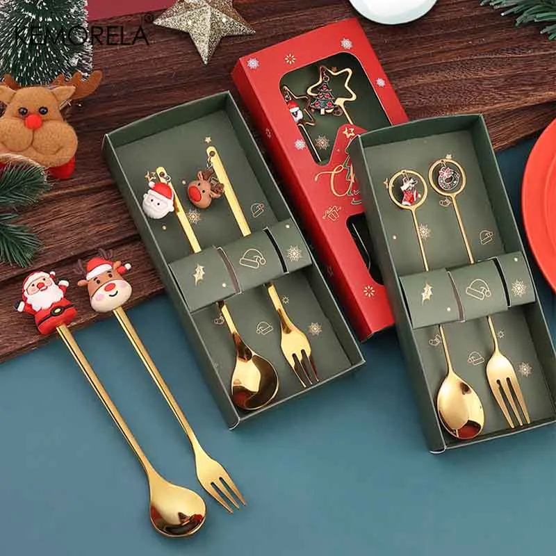 2 Piece Set Stainless Steel Coffee Spoon Creative Christmas Dessert Spoon Santa Claus Cake Fork Cartoon Elk Spoon Fork Gift Box