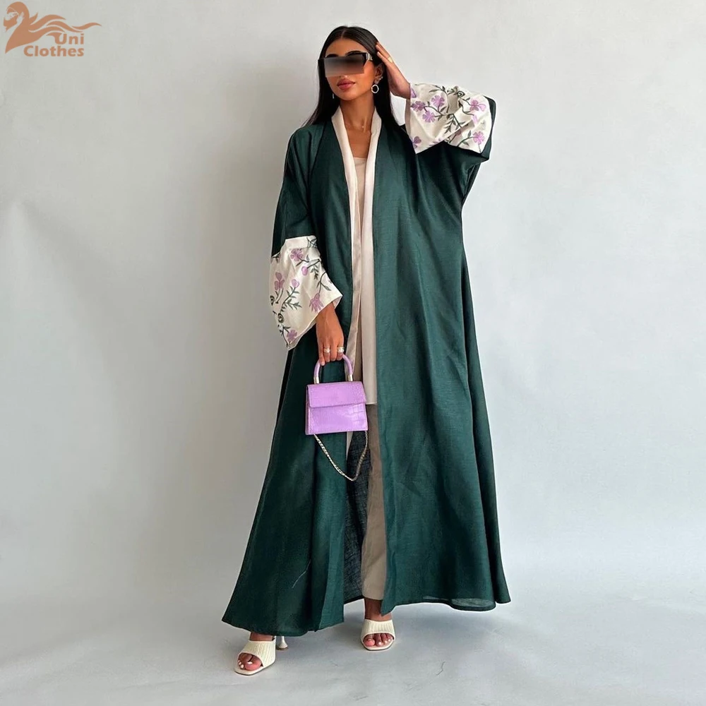 2024 Summer Ramadan Eid Floral Embroidery Open Modest Abaya Dubai Muslim Kimono Abayas For Women Kaftan Dresses Islamic Clothing