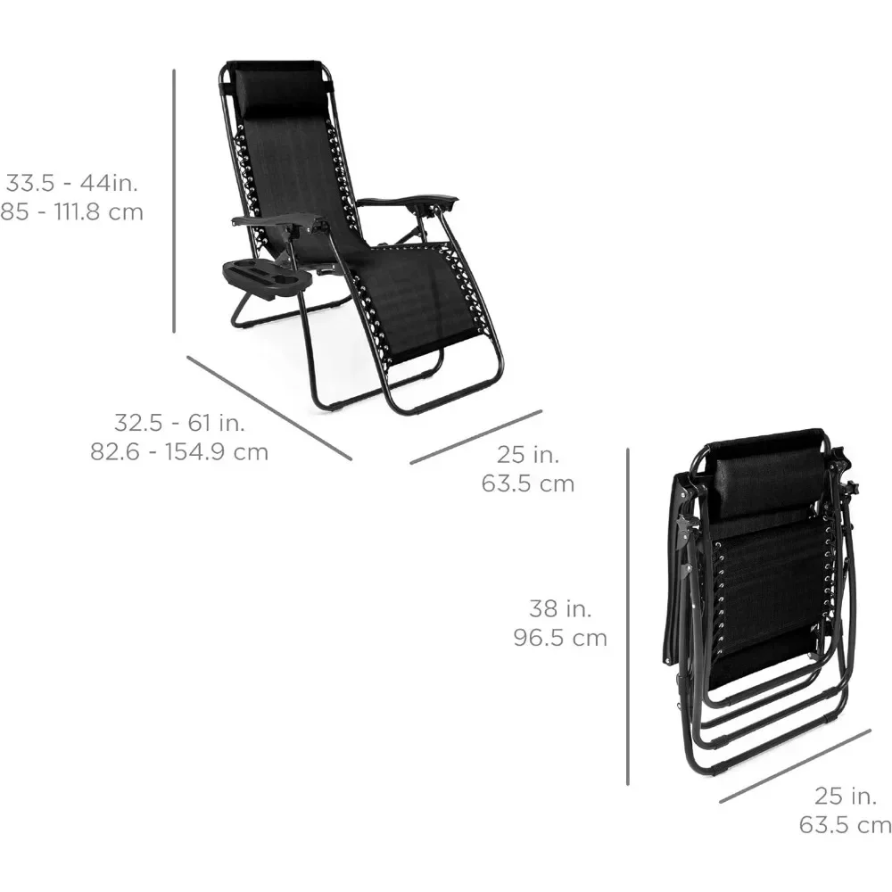 Set of 2 Adjustable Steel Mesh Zero Gravity Lounge Chair Recliners w/Pillows and Cup Holder Trays