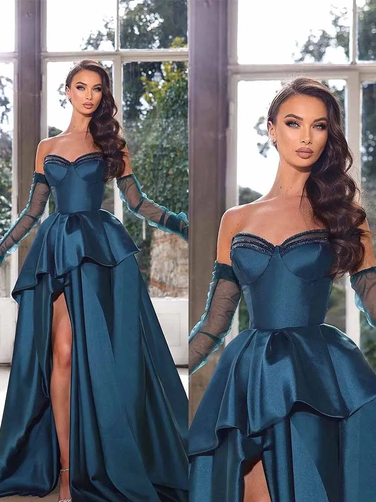 

Formal Prom Dresses for Ladies Satin A-line Party Dress Navy Blue Sweetheart Beads Ruffles Front Split Women's Evening Dresses