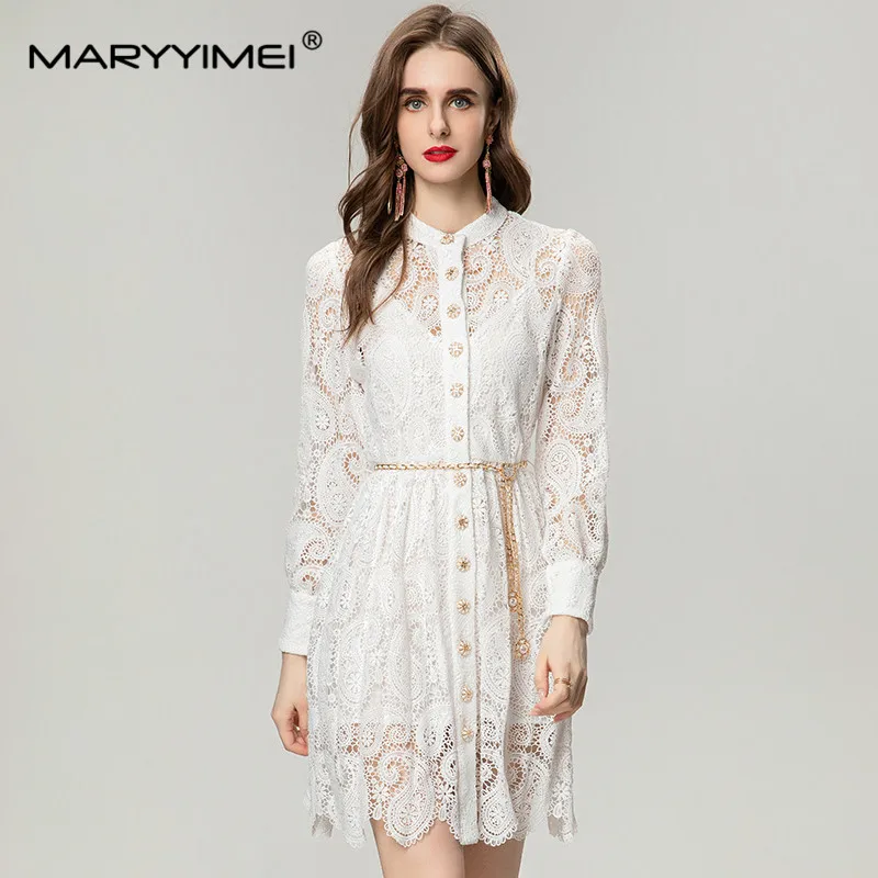 

MARYYIMEI Fashion Women's New Stand-Up Collar Single-Breasted Nail Beads Embroidered Chain Lace-Up Hollow Out Elegant Mini Dress