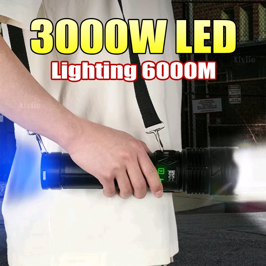 

Extra Large Portable Flashlight 3000W LED Powerful Torch Telescopic Zoom Long Range 6000M Self Defense Camping Tactical Lantern
