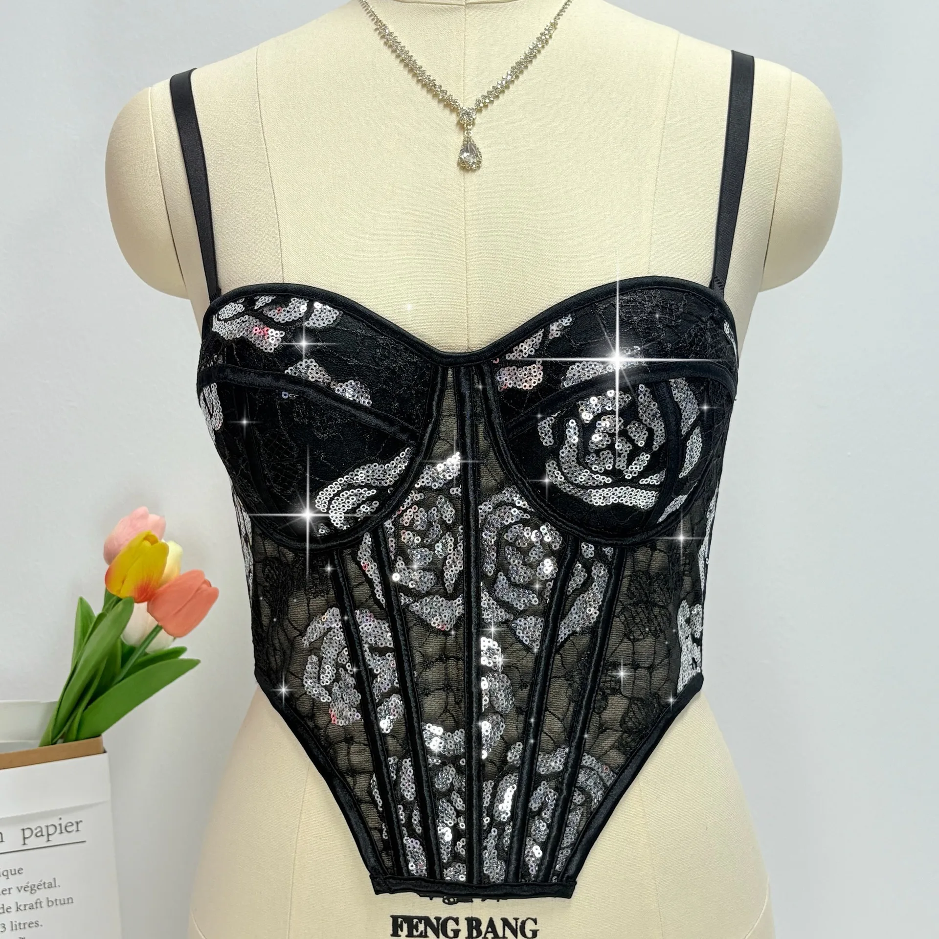 

Кружевной женский корсет с блестками, элегантный женский бюстье для девочек, крутой сценический тонкий вечерний костюм, женский короткий милый топ для коррекции фигуры