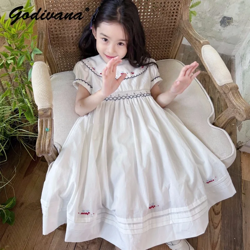 Sweet Baby Girls New Summer Vintage Dress Large Turn Down Collar Handmade Smocked Cute Cherry Embroidery Puff Sleeve Long Dress