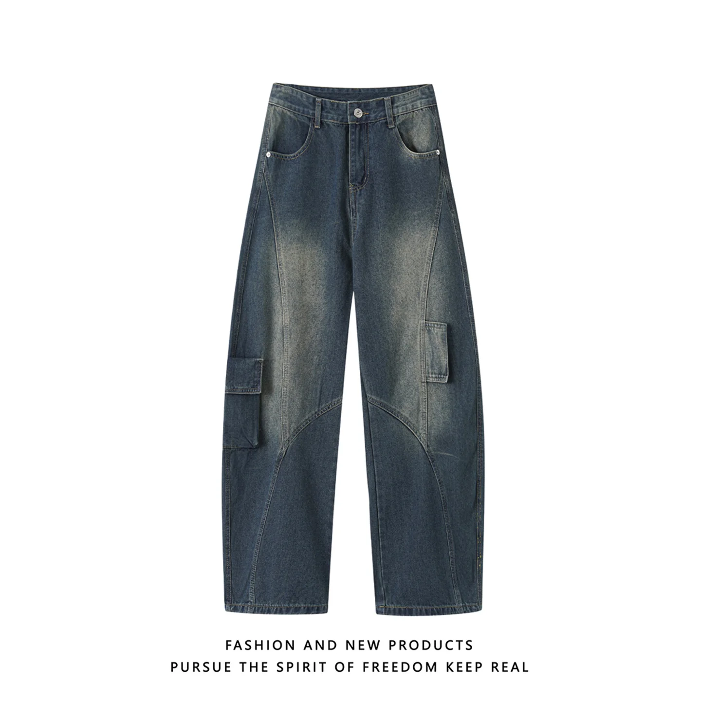 

Trendy American Workwear Style Men's Jeans Multiple Pockets Distressed Street Retro Wash Wide Leg Pants Straight Cut Loose Fit