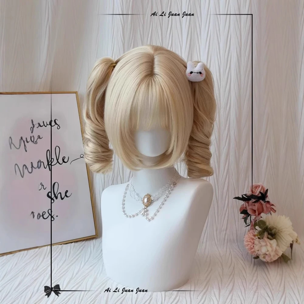 

Synthetic Lolita Wigs Doll Sweet Girl with Roman curls Double Tails and Hair Bangs Natural Fake Woman Wigs for Coaplay Party