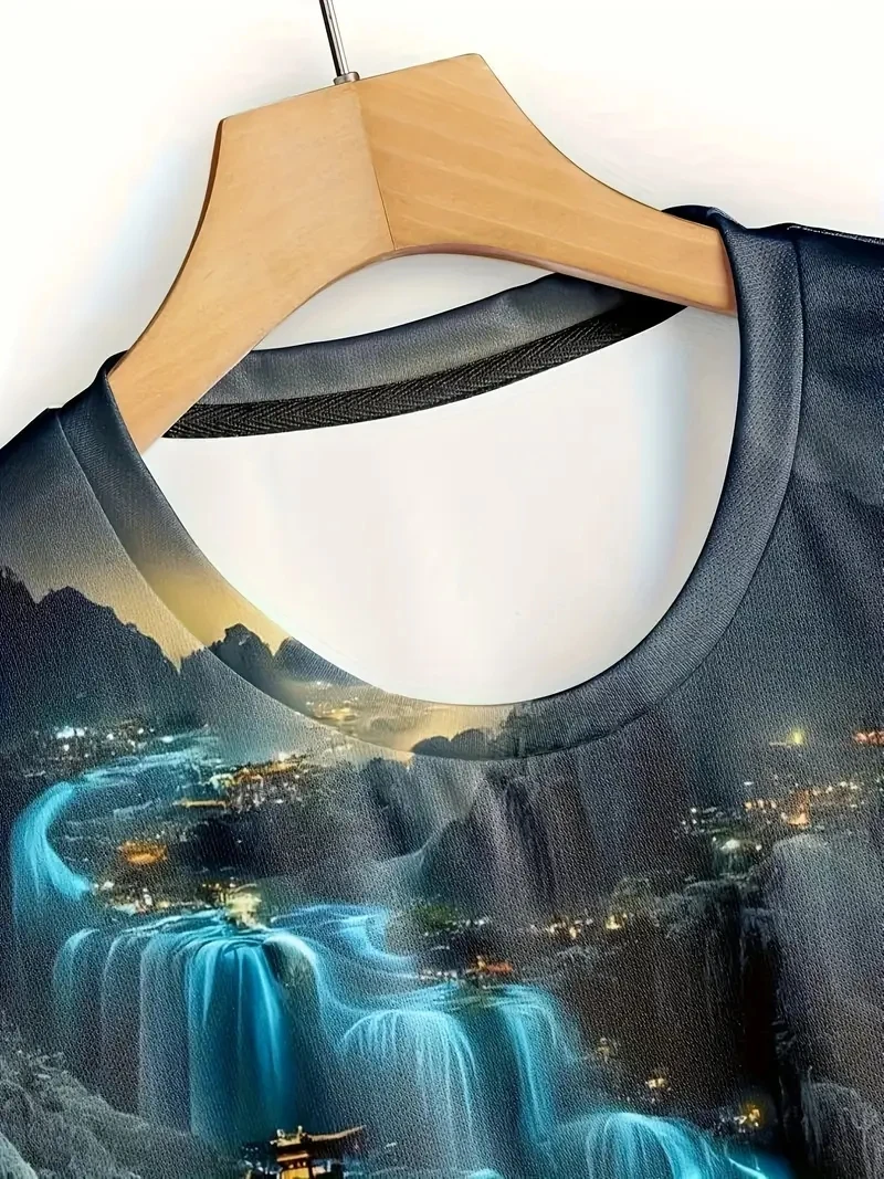 Camiseta de manga corta estampada con patrón de escena nocturna 3D de talla grande para hombre, holgada e informal, suave, cómoda y transpirable