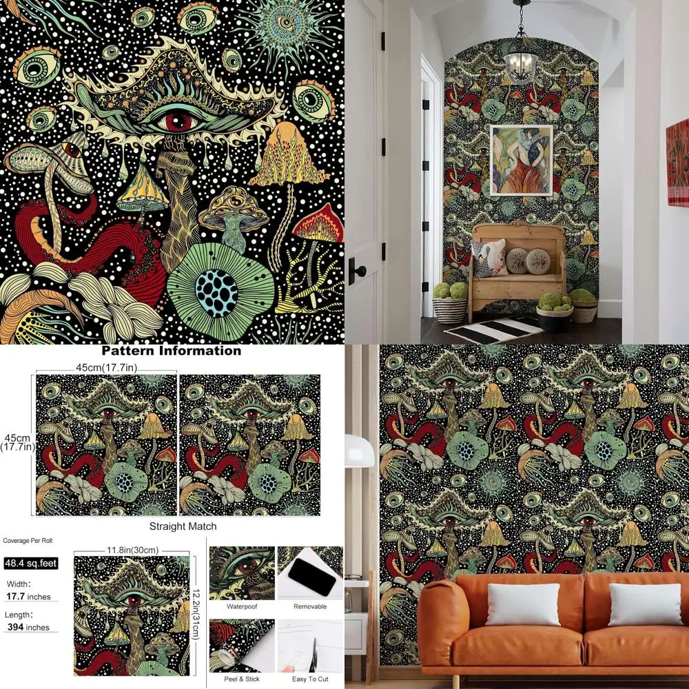 ورق جدران على شكل فطر بوهو قابل للإزالة - 17.7 بوصة × 98.4 قدم، تصميم نباتي وعين، مثالي لجدران غرفة النوم والحمام