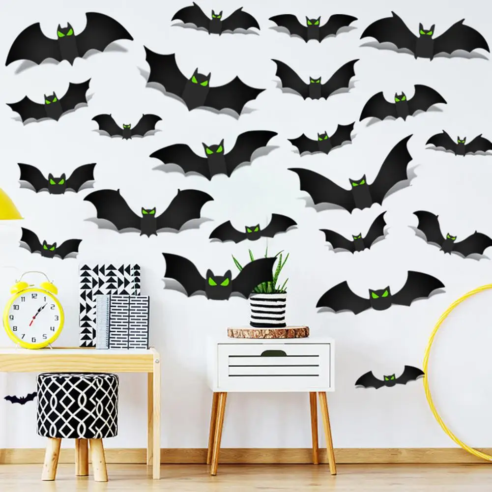 Pegatina de pared de murciélago de Halloween escalofriante, conjunto de decoración de murciélago de Halloween, pared 3d S con ojos brillantes para fiesta, baño, cocina, hogar, habitación