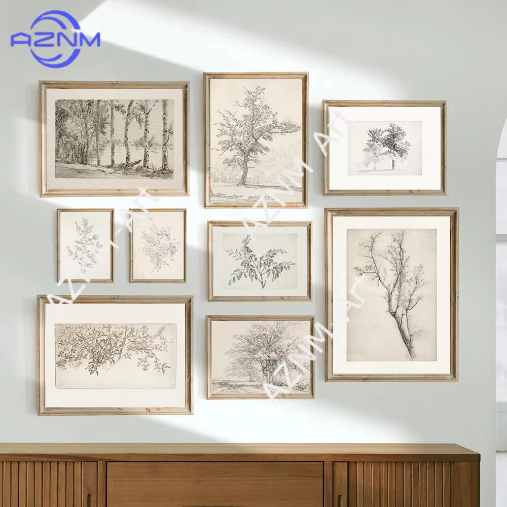 1PC ，Vintage Birch Tree Sketch Art Prints Antique Botanical Drawing Canvas Poster Rustic Country Farmhouse Wall Painting Home