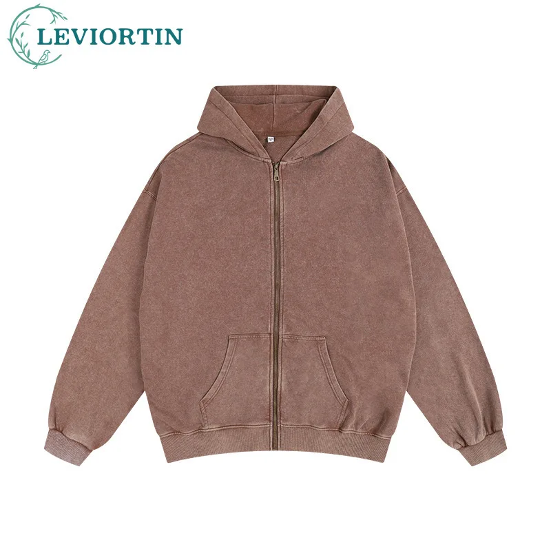 Heavyweight 350gsm Zipper Hoodies Jacket Men Streetwear Shoulder Drop Loose Washed Cotton Hooded Sweaters Coat Jogging Outwears