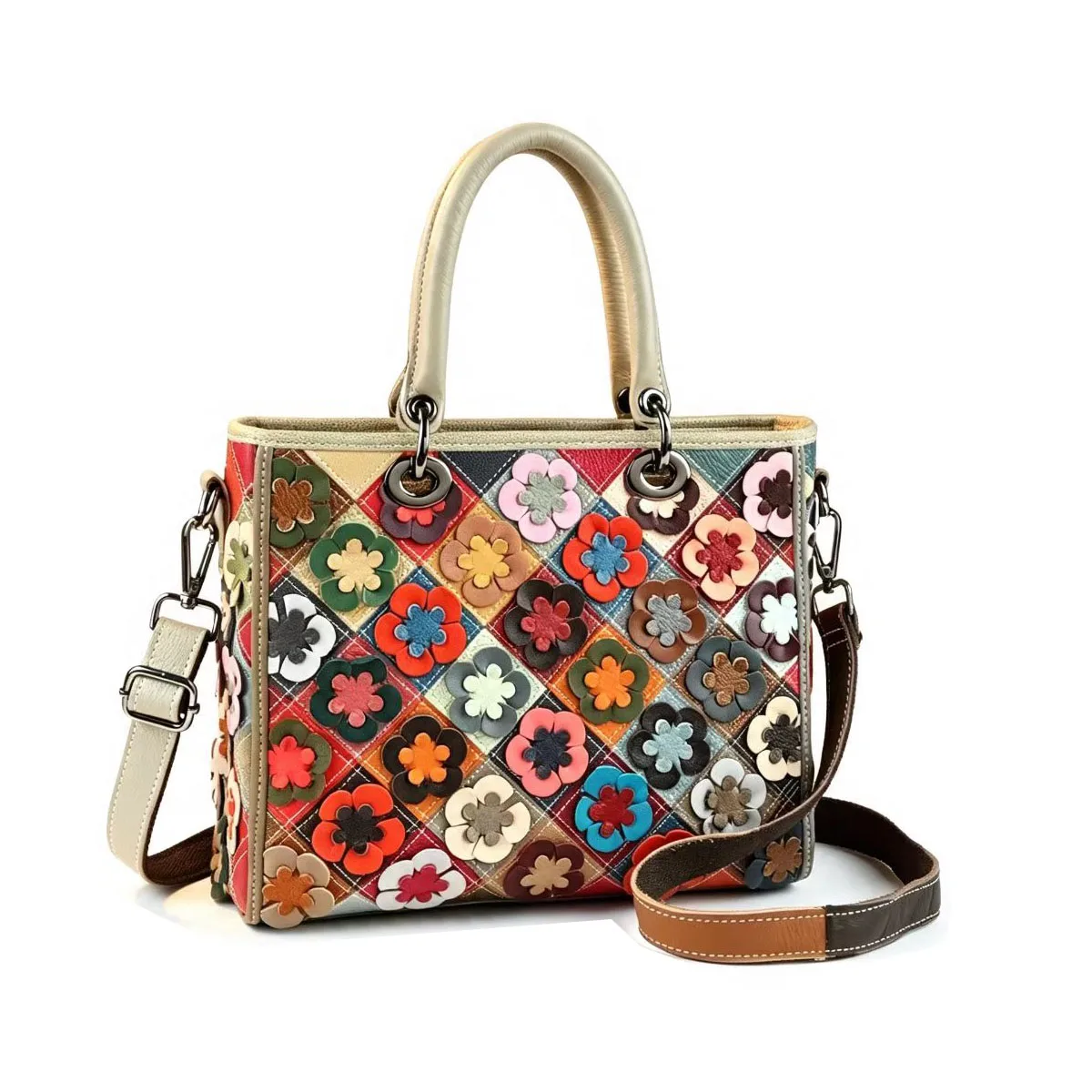 Vintage Women Genuine Leather Handbag Patchwork Flower Cow Leather Tote Bag Ladies Shoulder or Satchel Bags