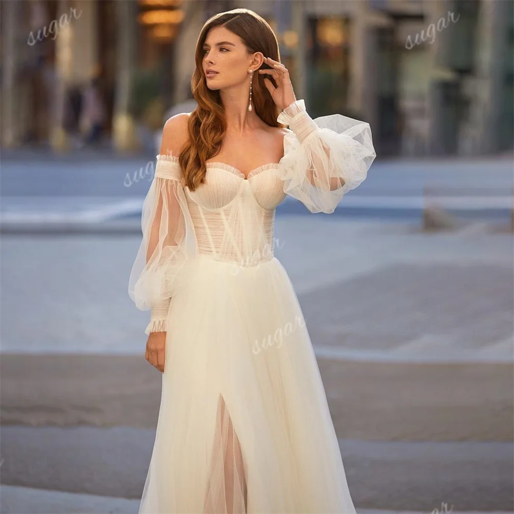 Sweetheart Illusion Tulle Wedding Dresses Elegant A Line Bride Dress Corest Puff Sleeves Bridal Gowns Plus Size Dress Wedding