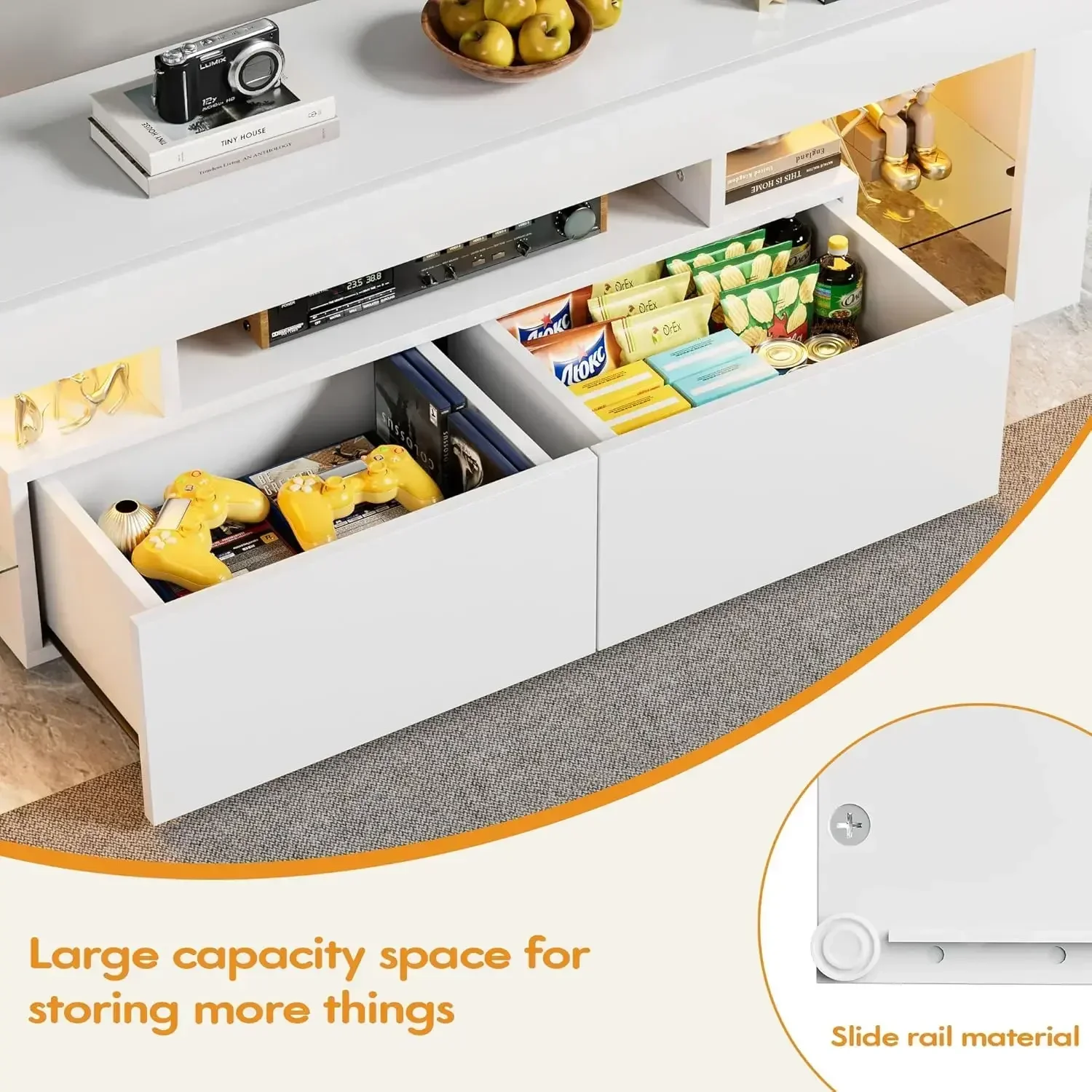 حامل تلفزيون LED حديث للتلفزيونات مع أرفف زجاجية ودرج، ومركز ترفيه الألعاب حتى 70 بوصة #6