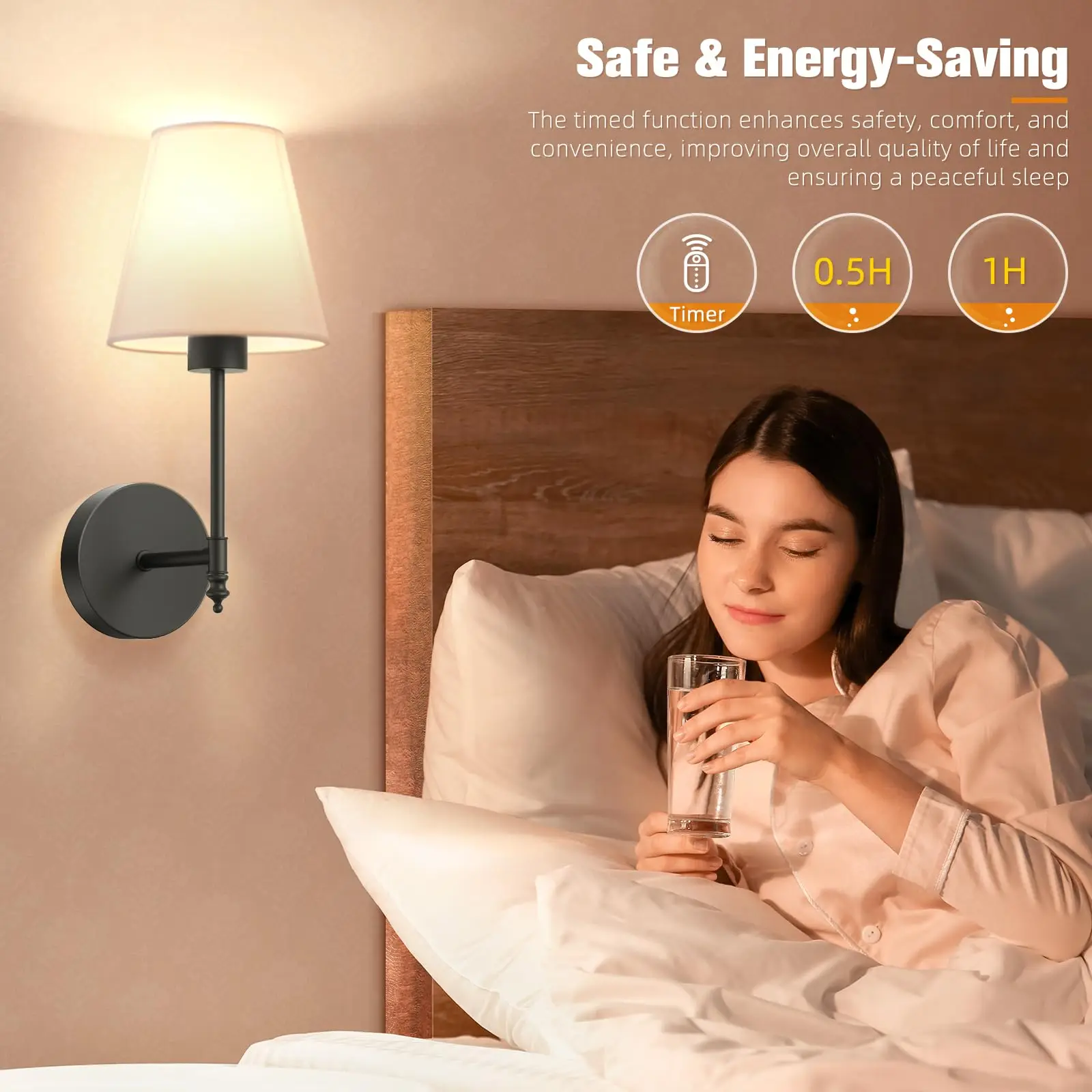 2PC Europe and America LED Country Industrial RGB Wall Lamp with Flared Funnel Linen Fabric Shade Bedroom Bedside Reading Light