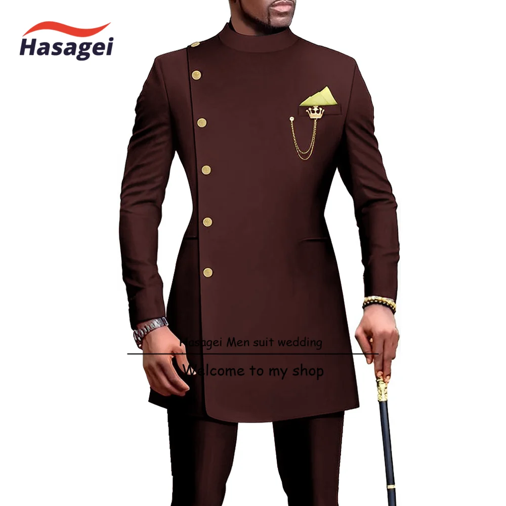 African Style Men's Suit 2 Piece Wedding Tuxedo Single Breasted Long Jacket Pants Formal Groom Outfit