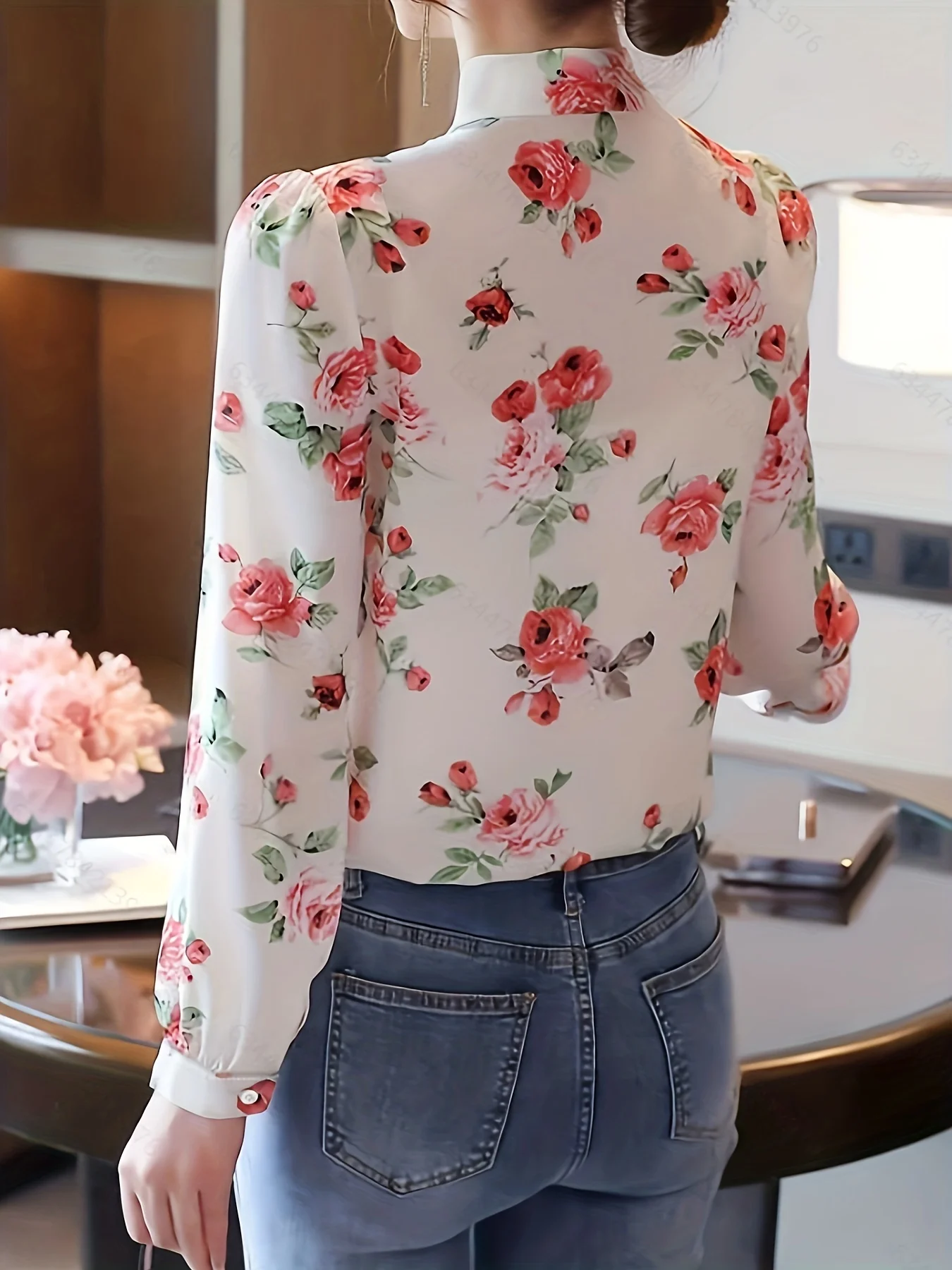 New long sleeve printed floral lace-up ladies spring and autumn sweet belly covered bow blouse ladies chic little shirt