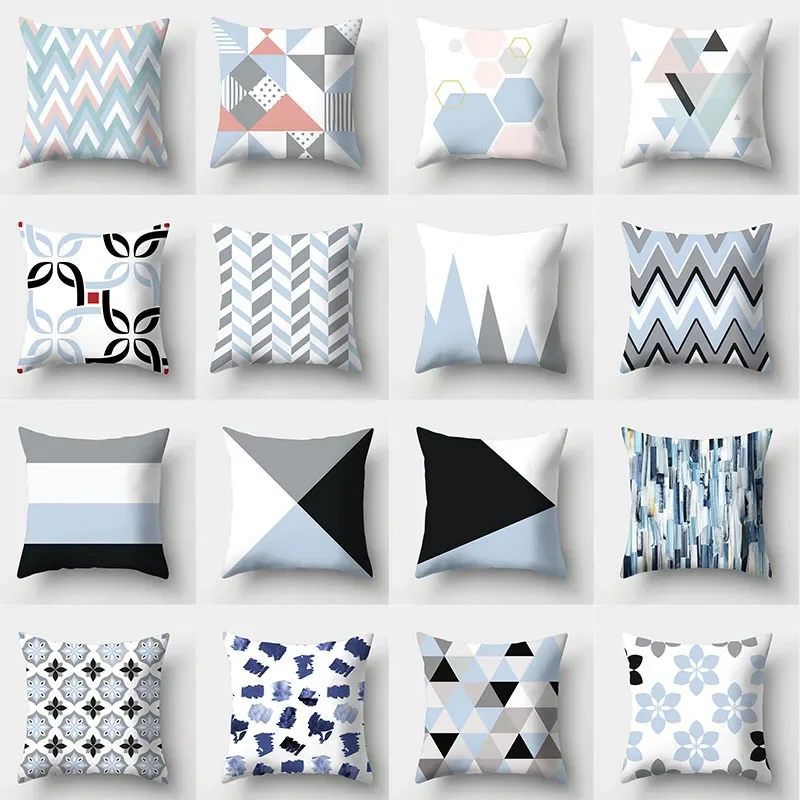 Geometric Cushion Cover Grey Blue Pillowcase 45x45 Polyester Upholstery Sofa    Home Decor