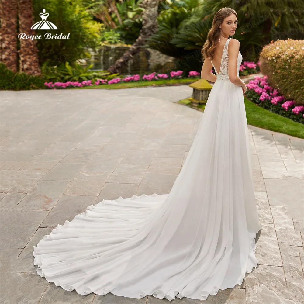 Personalizado A Linha Vestidos De Casamento, Vestido De Noiva Chiffon, Sem Mangas Com Renda, Fenda Sexy, Ruffle Em Camadas, Pescoço V, Casamento, Gracioso