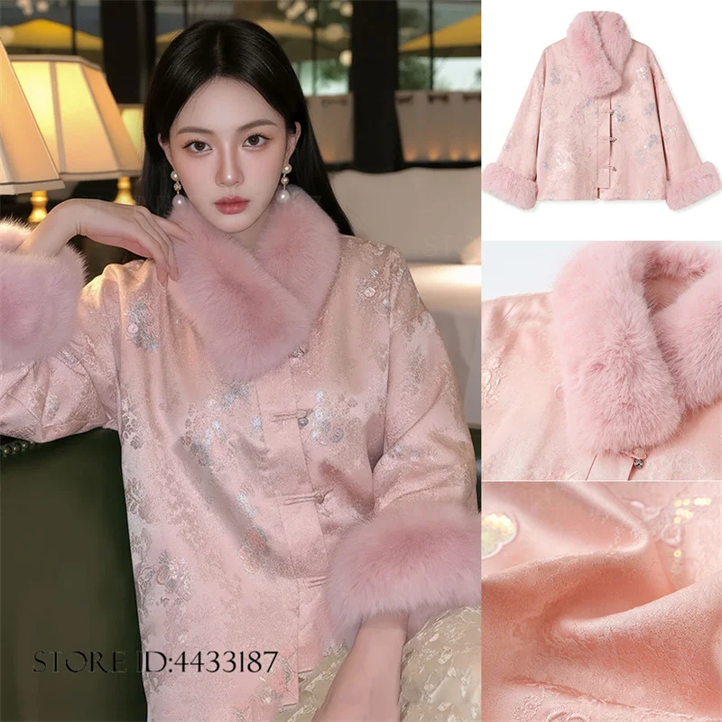 New Chinese Style Women's Jacket Tang Costumen Tops Plush Collar Cuffs Female Qipao Coat Embroidery Jacquard New Year's Clothing