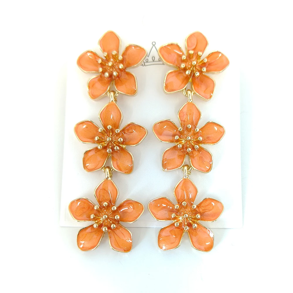 

New In Jewelry Trends 2025 Cute Chic Accessories Long Orange Enamel Triple Flower Dangle Earrings for Women
