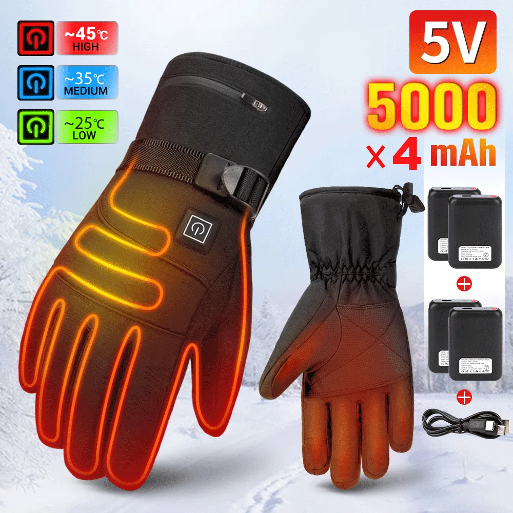 Motorcycle Heated Gloves Winter Hand Warmer Rechargeable 5000mah Battery Skiing Gloves Men Women Touch Screen Waterproof