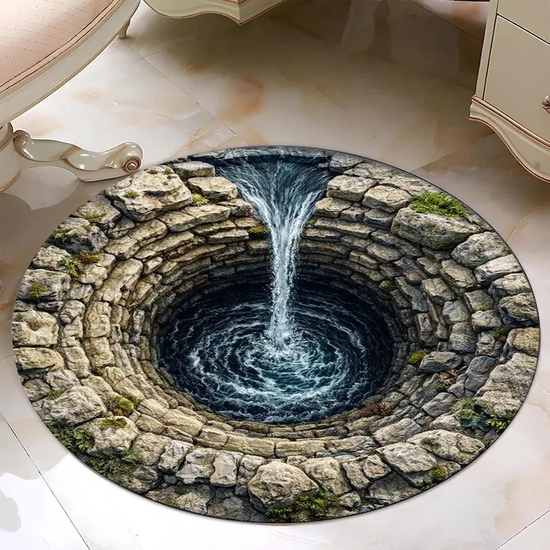 Abyss Waterfall Round Rug Stone Well Carpet, 3D Illusion Vortex Nature Home Decor Livingroom