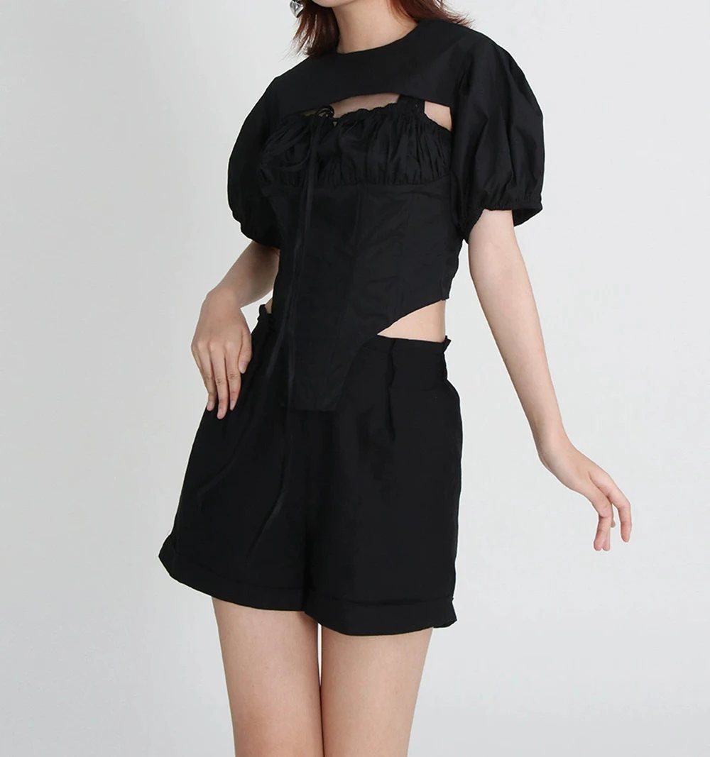 Nowy seksowny, modny, trójwymiarowy, plisowany komplet z szelkami i krótkim rękawem - prosty dwuczęściowy zestaw - GZXX916