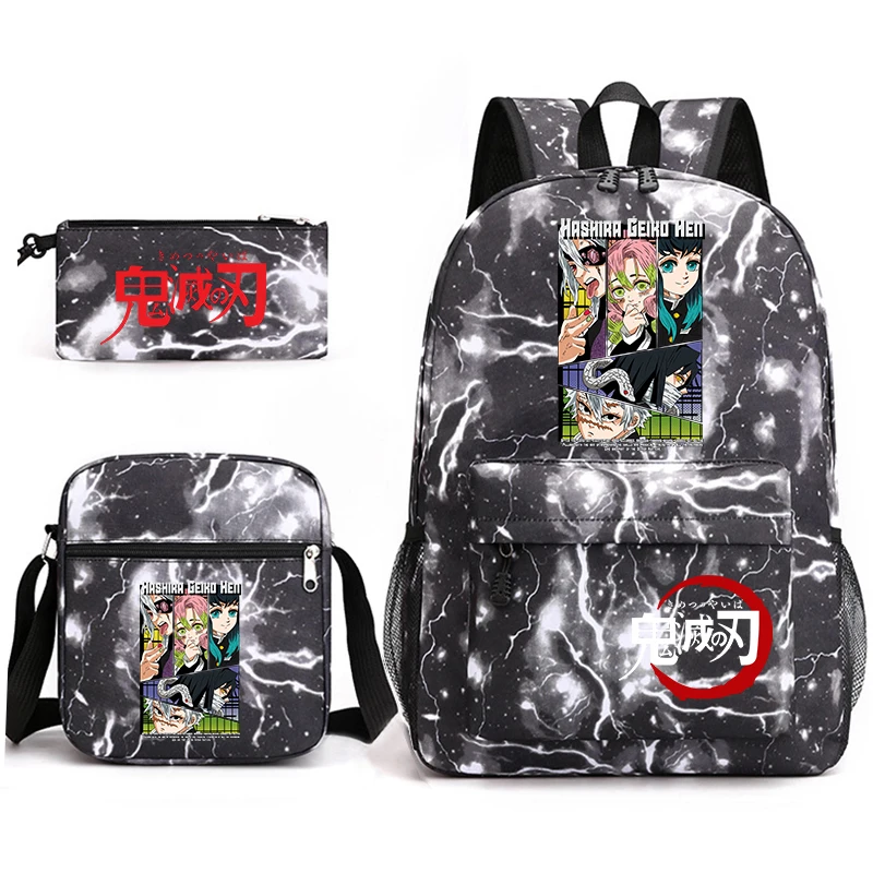 デーモンスレイヤーアニメプリントスクールバックパックセット3個入りバックパック、ショルダーバッグ、ペンシルケース付き、男の子、女の子、学生向け