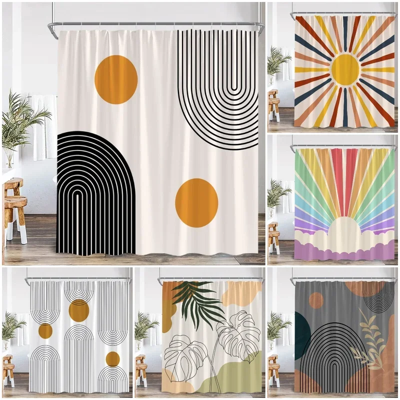 Mid Century Abstract Shower Curtain Leaf Curve Simple Line Nordic Modern Bathroom Decor Polyester Fabric Bath Curtain with Hook