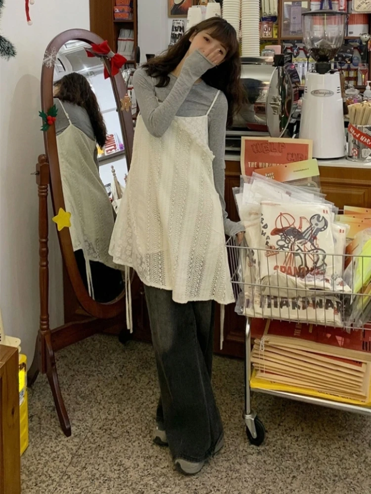 Vestido Plus Size Estilo Coreano com Design de Renda para Mulheres, Novo Vestido Slimming de Outono com Camadas e Sensação At...