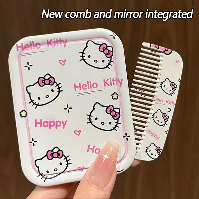 Hello Kitty Sanrio Makeup Mirror Kawaii Cartoon Anime Cute Student Portable Mirror Comb Set Toys for Girls Christmas Gifts