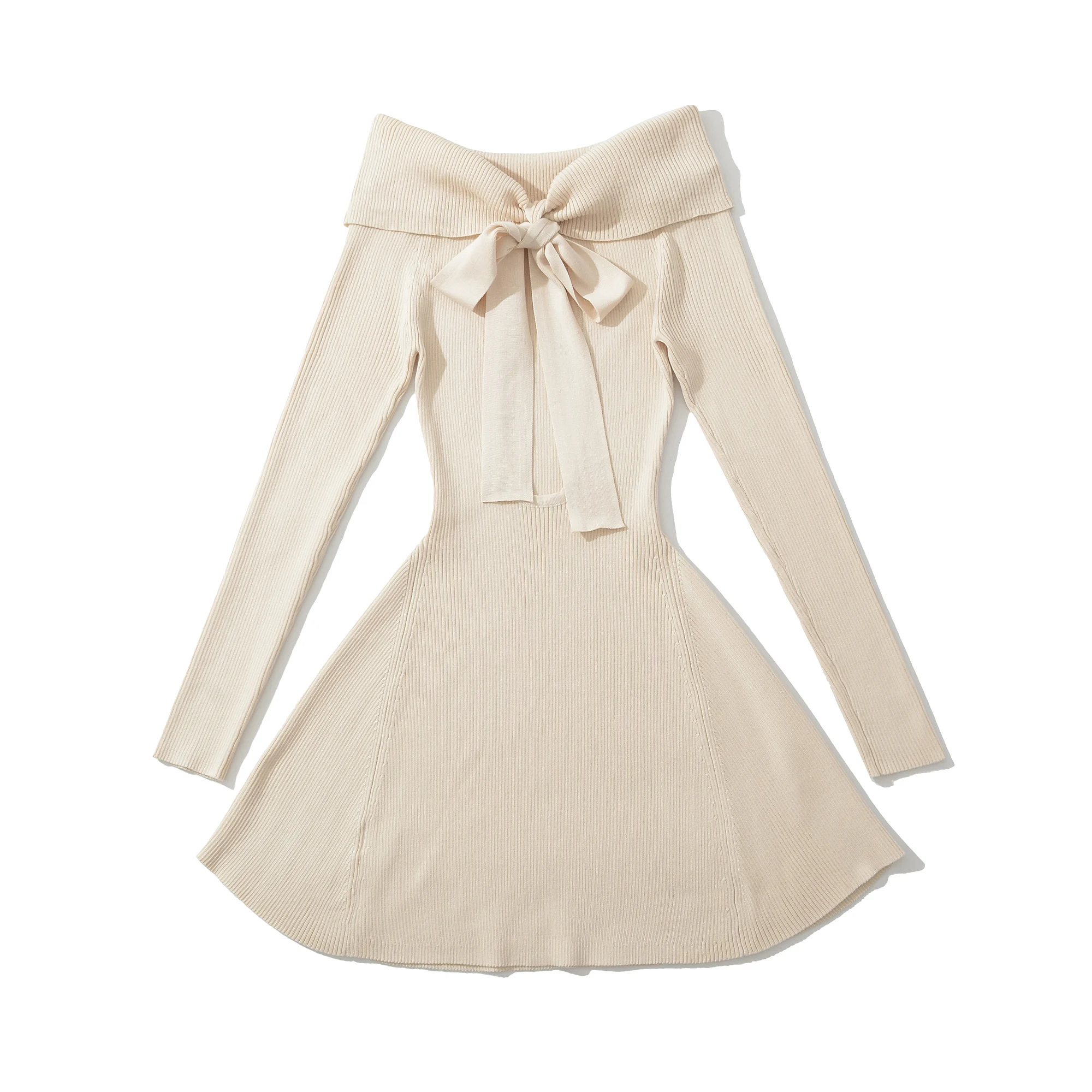 2025 Autumn Sexy Slash Shoulder Knitted Mini Sweater Dress Women Bow Cut Out Back Backless A-line Full Sleeve Robe Knitwear