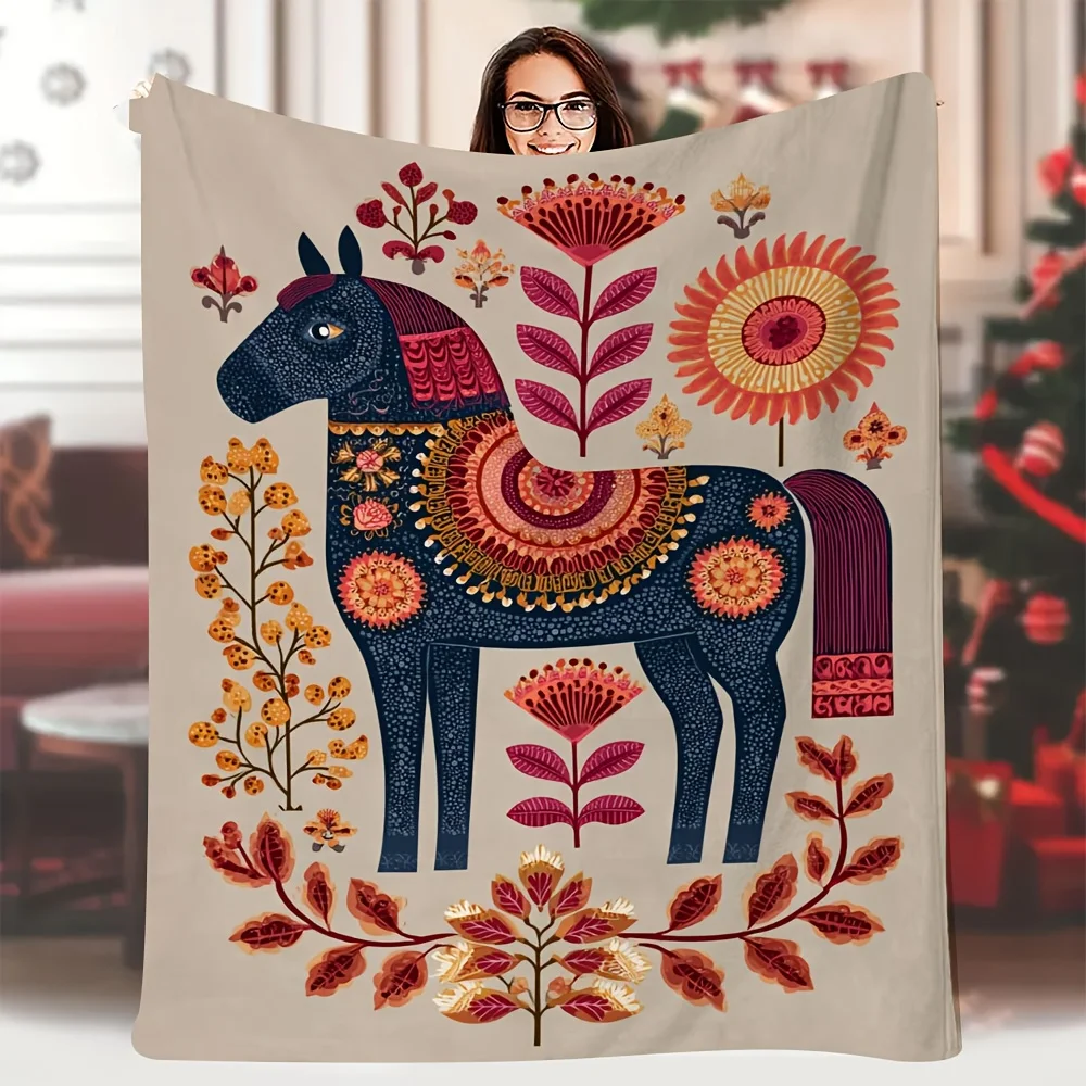 Manta escandinava de franela de caballo Dala, estampado de un solo lado con diseño Floral, perfecta para sala de estar, hogar, oficina, Navidad, 1 ud.
