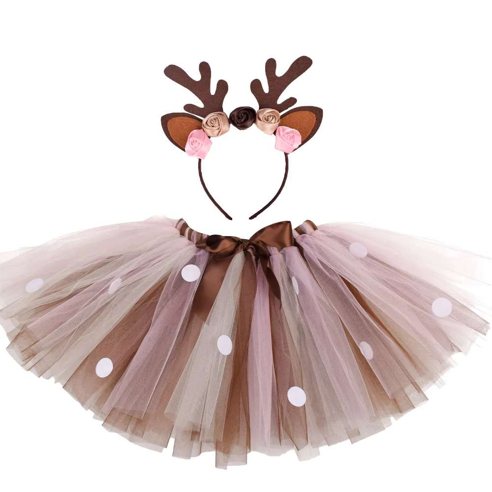 Girl Tutu Skirt Fluffy Brown Deer Christmas Costume Kids Reindeer Tulle Skirt for Halloween Carnival Children Outfit Holiday