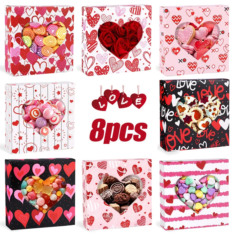 

8pcs Love Heart Candy Gift Box with Window Valentines Day Chocolate Cookie Packaging Paper Boxes Wedding Birthday Party Supplies