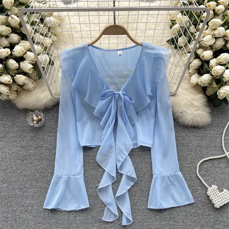 Women Fashion Ruffle Lace Up Sunscreen Cardigan 2024 Summer Solid Long Sleeve Thin Chiffon Shirt Sexy Fairy Sweet Slim Crop Tops