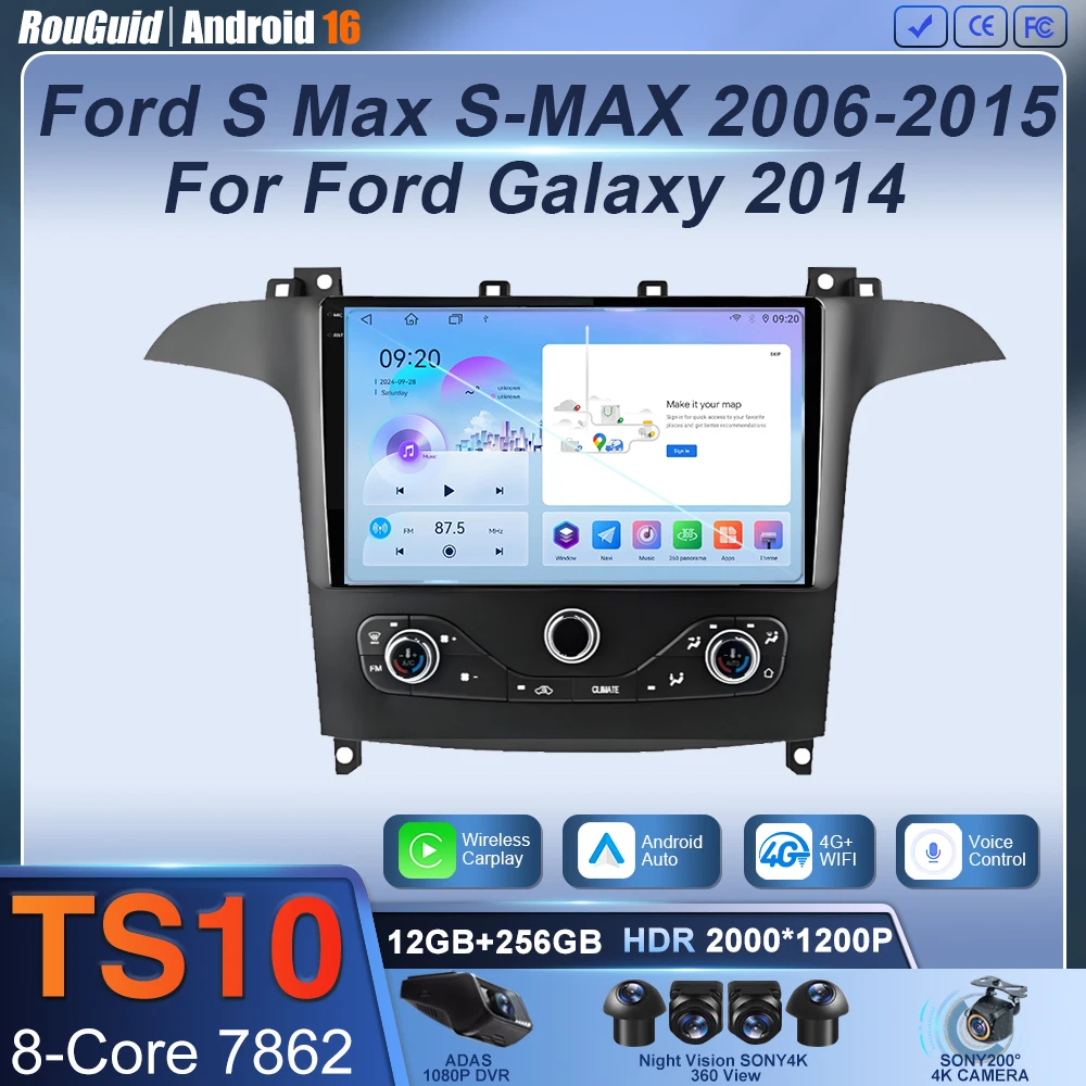 Radio para Auto Android 16 para Ford S Max S-MAX 2006-2015, para Ford Galaxy 2014, Reproductor Estéreo con Carplay, Navegación GPS, Multimedia, CPU