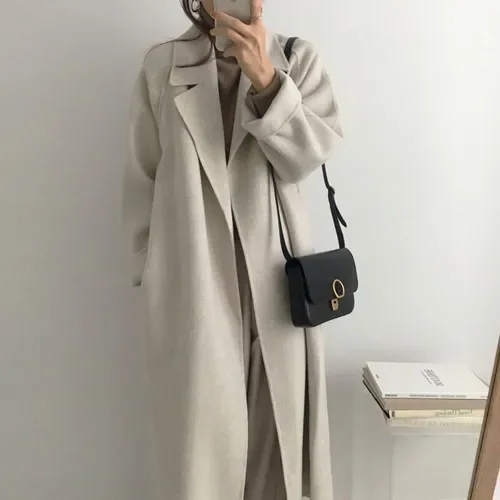 

Elegant Double Faced Wool Coat Women 2023 Winter Vintage Long Sleeve Turndown Collar Long Coats Female Fashion Street Overcoat