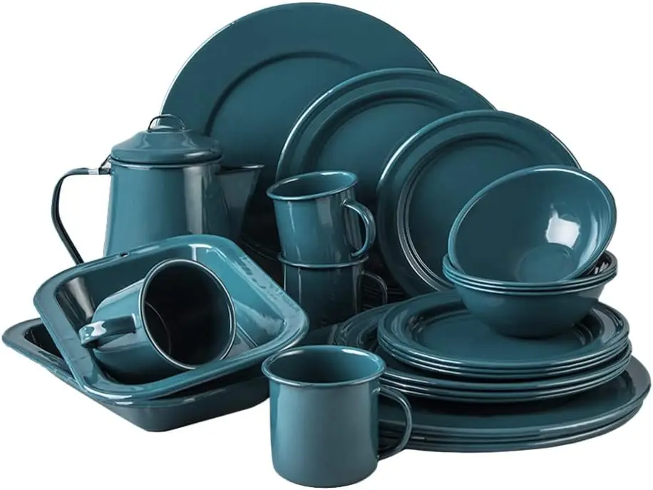 23 Piece. Enameled Dinnerware Camping/Outdoor Set for 4. Includes Plates, Bowls, Mugs, Coffee Boiler. Green.