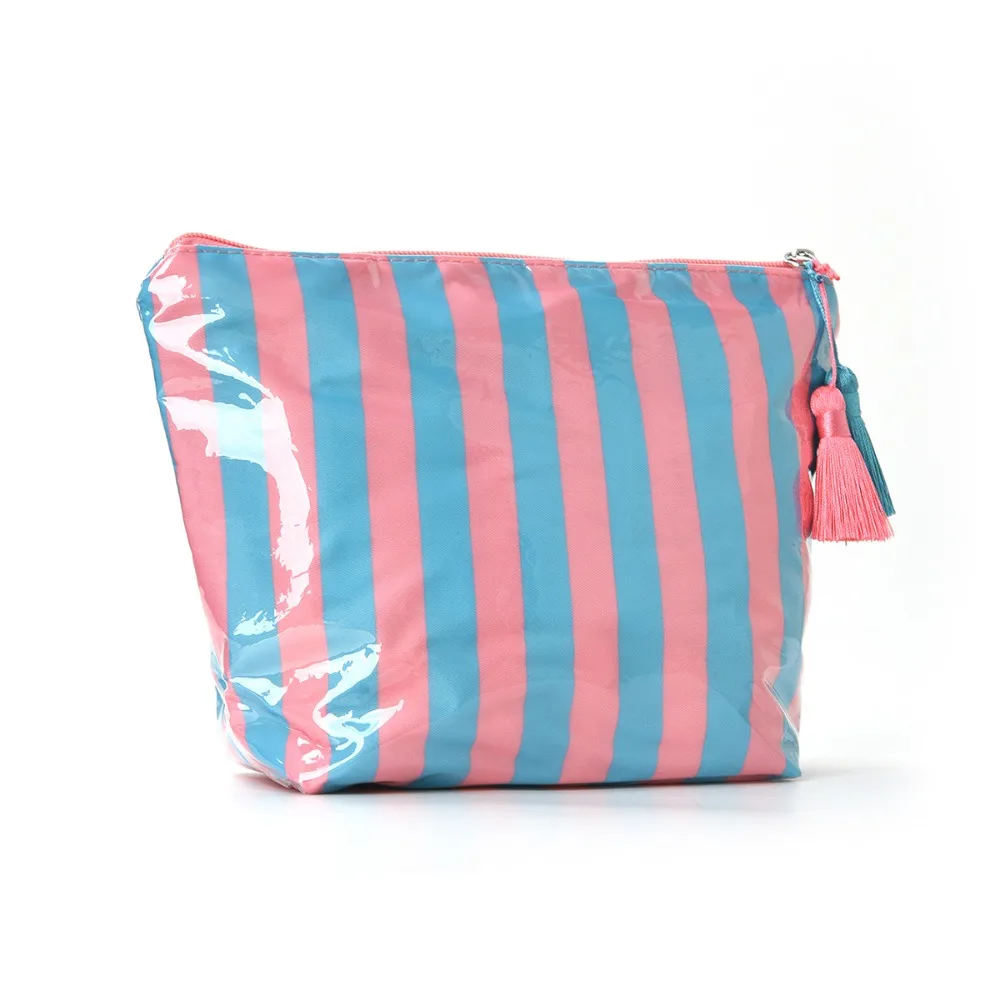 Portable PVC Cosmetic Bag Glossy Striped Makeup Organizer Zip Top Tassel Pull Travel Pouch Bathroom