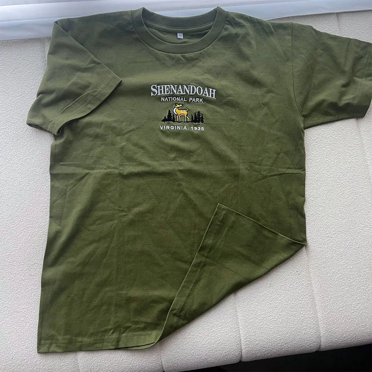 Shenandoah National Park Vintage Style Unisex Embroidered T Shirts Army Green Short Sleeve 250g Thick Cotton Summer Casual Tees