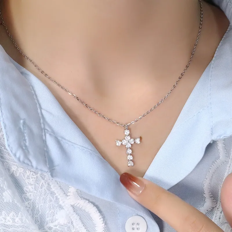 

S925 Sterling Silver Geometry Love Cross Zircon Pendant Necklaces for Women Fine Jewelry Light Luxury Minimalist Accessories