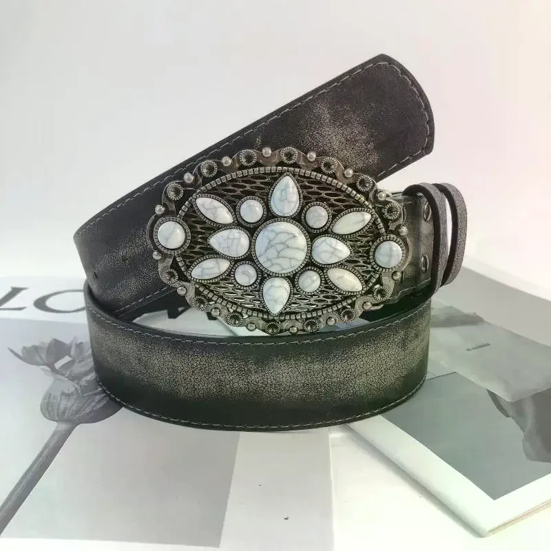 Vintage White Stone Buckle Belt Engraved Flower Belt Embossed Leather Belt Boho Western Belt Jeans Belt