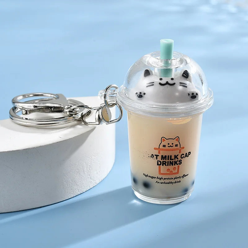 Kawaii Cat Bubble Tea Keychain Liquid Floating Keyring Moving Pearls Boba Milk Tea Cup Bag Charm Cute Novelty Gift for Girls