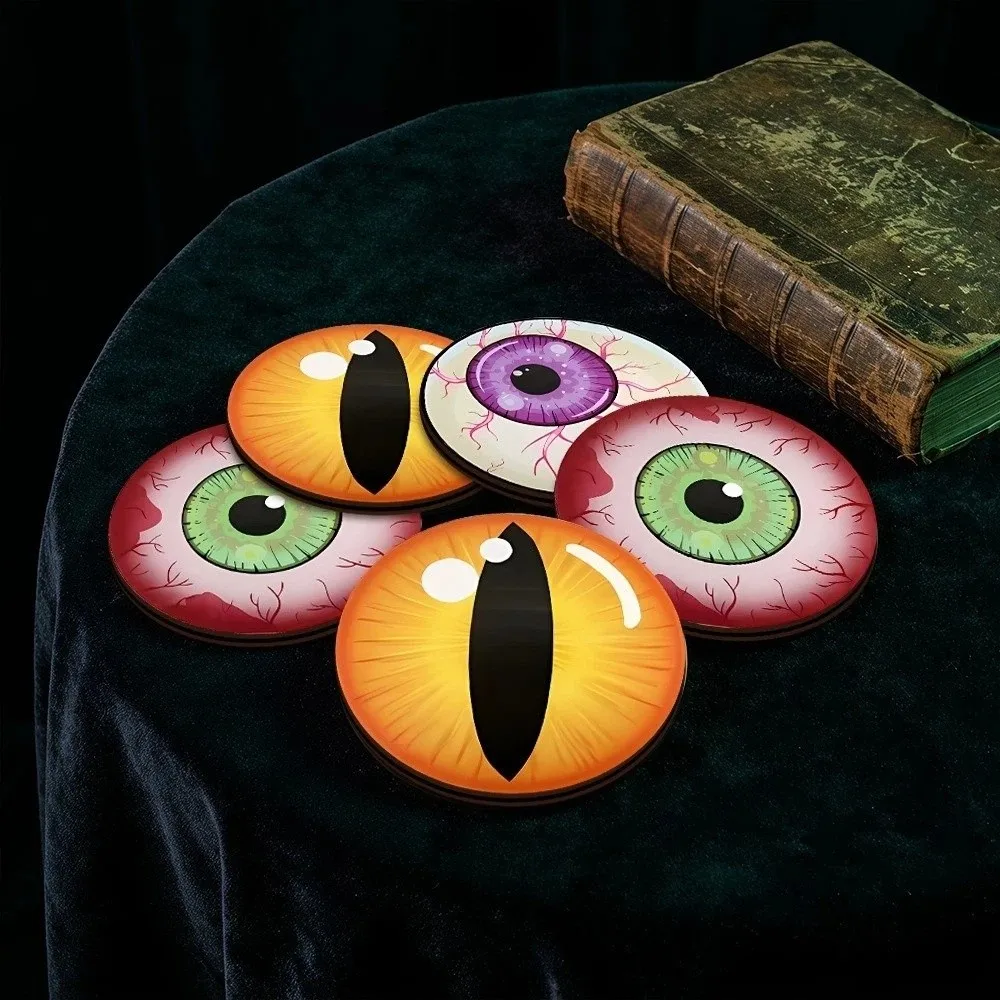 6pcs Funny Non-slip Halloween Coasters Wooden Soft Bloodshot Eyeball Coaster Heat-Insulating Cat Eyes Cup Mat Restaurant